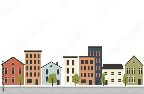 北欧風の家並みが並ぶ住宅街とテキストスペースを確保した広告用背景イラスト