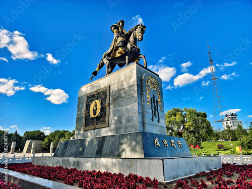 A statue of Genghis Khan in Genghis Khan Park, Ulanhot City, Hinggan League, Inner Mongolia Autonomous Region, China.