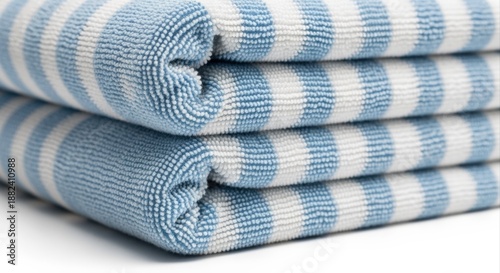 Stack of Soft Blue and White Striped Terry Cloth Towels for Bath or Spa