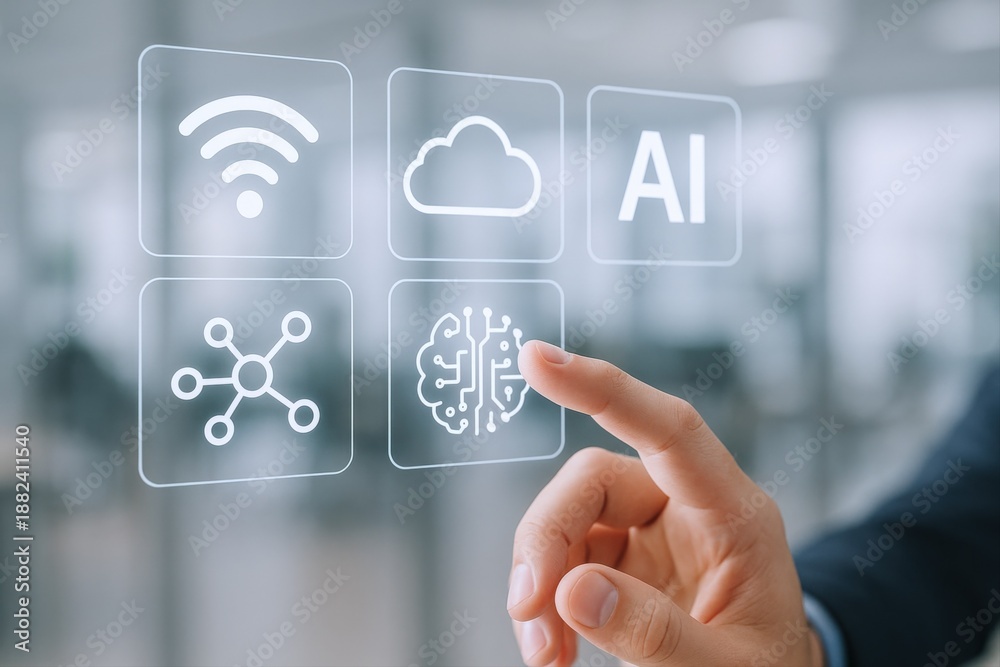 Obraz premium Artificial Intelligence Interface: Hand Interacting with AI Cloud and Network Icons on Glass Panel