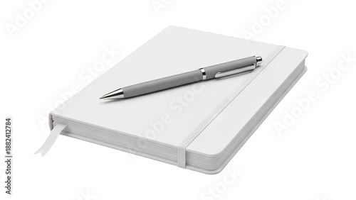 Gray pen on a white notebook with ribbon bookmark and elastic band