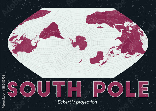 South Pole. World map. Eckert V projection centered to South Pole. Pale Mint Dark Pink palette. Vintage texture. Elegant vector illustration.