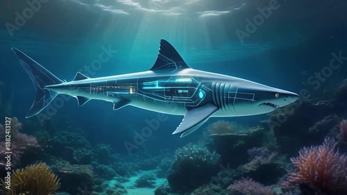 Wallpaper Mural Futuristic Cybernetic Shark Swimming Underwater in a Beautiful Ocean Environment. Torontodigital.ca