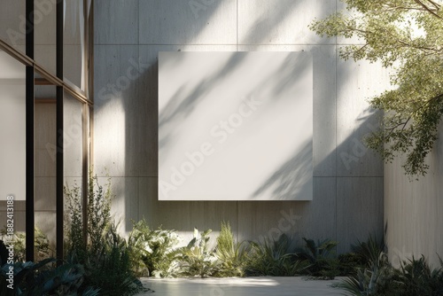 A sun-dappled outdoor scene features a blank square art piece hung on a concrete wall, with lush greenery