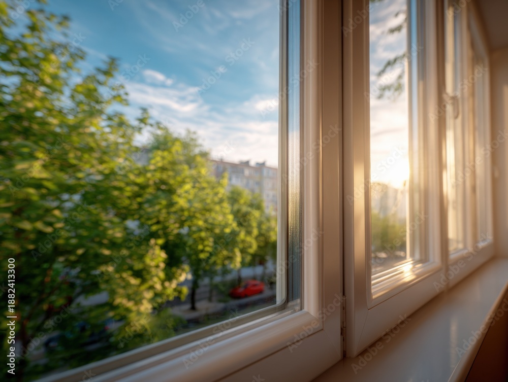 Fototapeta premium Bright Morning View Through Window: Residential Building, Green Trees, and Sunlight