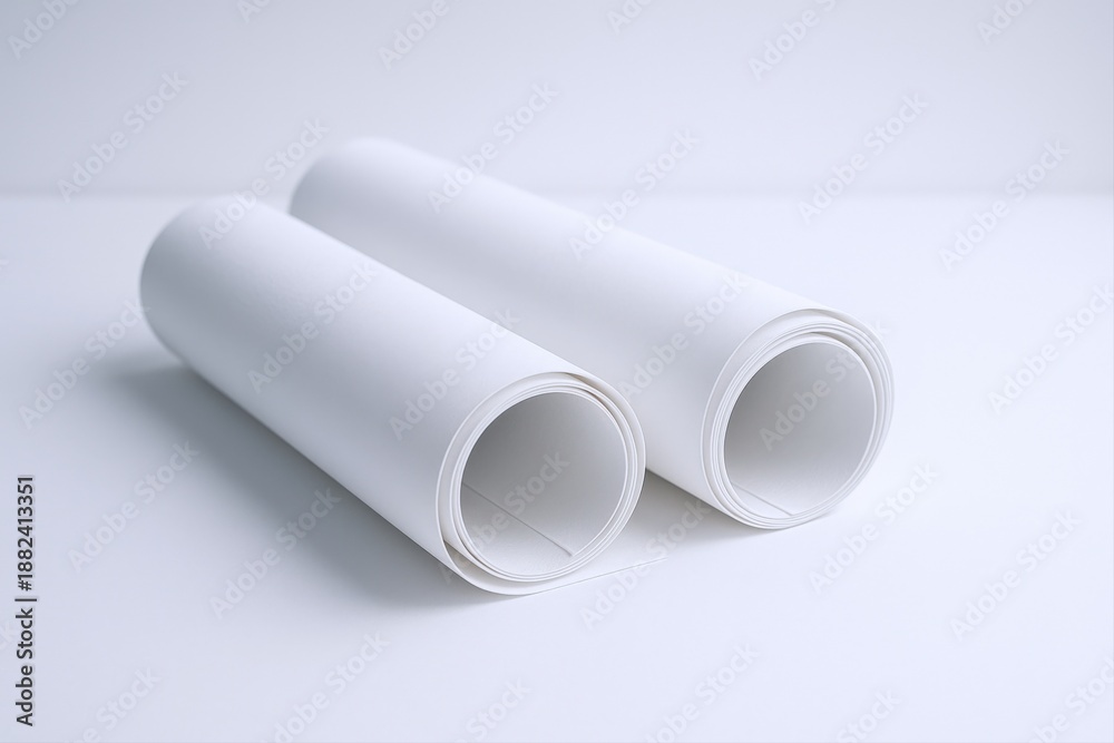 Fototapeta premium Two Rolled White Papers on a White Background, Minimalist Design, Ideal for Mockups and Presentations