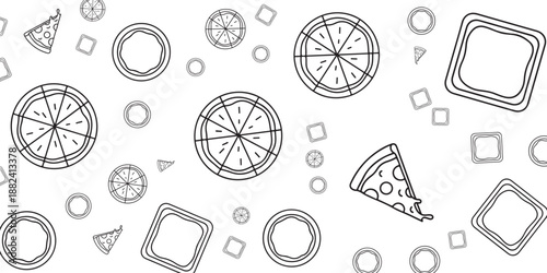 Seamless pattern of cartoon pizza slices and geometric shapes on white background