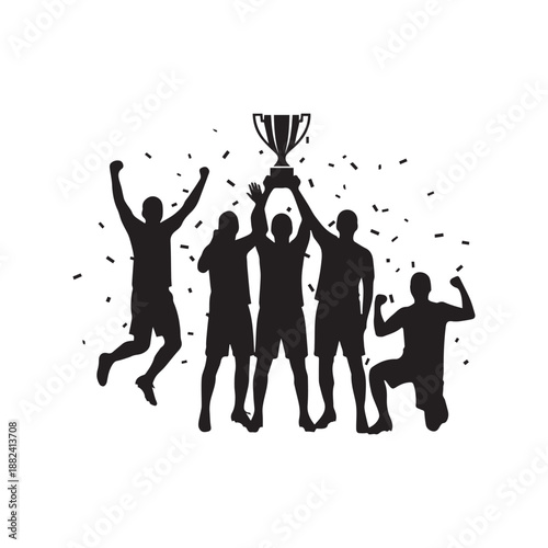 Silhouettes of a victorious sports team celebrating their triumph with a shining trophy and falling confetti, symbolizing success and achievement