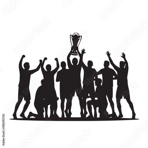 Silhouettes of triumphant athletes celebrating a major championship victory, raising a golden trophy in a display of ultimate teamwork and achievement