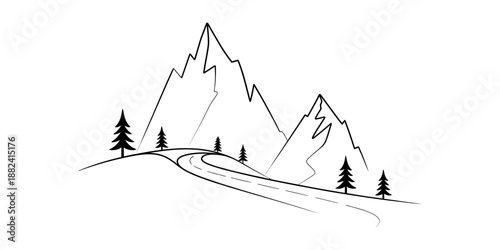 Simple black and white line art sketch of a winding road in a mountainous landscape with pine trees Vector, illustration