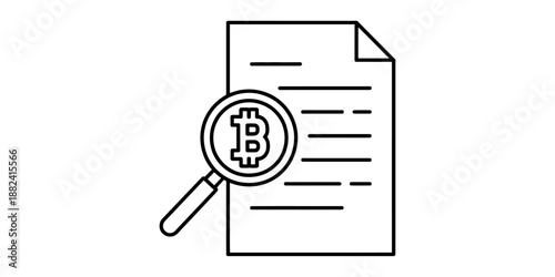 Investigating cryptocurrency regulations and financial documents with a magnifying glass icon