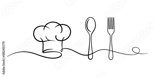 A minimalist continuous line art illustration featuring a chef hat, spoon, and fork for culinary design. Vector, illustration