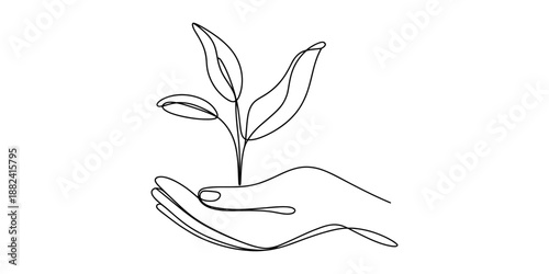 Continuous line drawing illustration of a hand carefully holding a young plant seedling Vector, illustration
