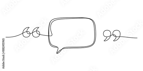 A continuous single line drawing of a speech bubble and quotation marks, isolated on a white background Vector, illustration
