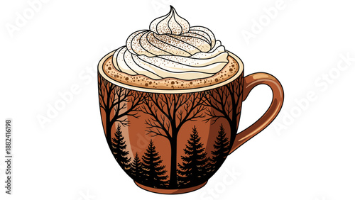 Latte with Winter Forest Design: Cozy Beverage Illustration for Seasonal Themes