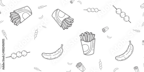 Seamless Pattern of Fast Food and Fruit Illustrations for Graphic Design