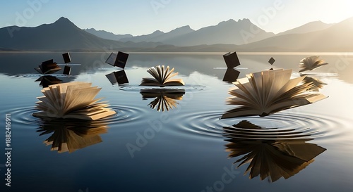 Open books floating on a serene lake with mountains in the background under a bright sky, creating a surreal and peaceful scene.