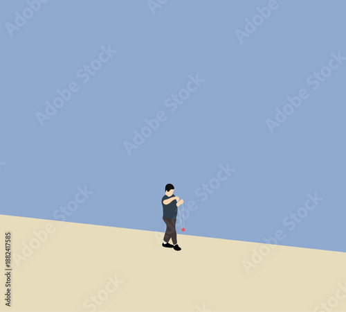 Boy enjoying yo yo toy during walking on modern city street. Recreation and hobbies.  