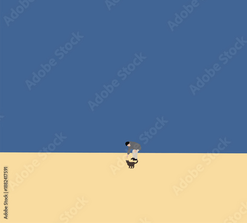 Man playing with cat walking on city street. Creating charming scenes of daily life in urban.