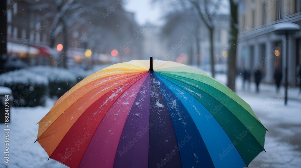 Fototapeta premium Rainbow umbrella under heavy snow in park. World meteorological day