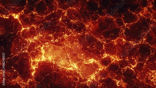 Close-up of molten rock with fiery orange and gold hues, cracks, fissures, and textures. The raw natural energy is intensely captured
