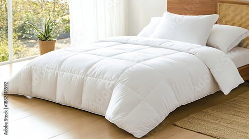 Crisp white bedding soft comforter cozy pillow minimal bedroom natural light wooden bed clean interior modern design serene mood tidy space with calm vibe