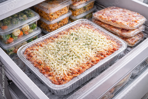 Frozen ready meals in a freezer, homemade food prep stored in containers and trays. Convenient solution for meal planning, time saving, long-term food storage and home organization.