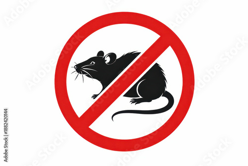 Prohibition sign with rat inside red circle and diagonal line on white background. Concept of pest control, rodent prevention, sanitation safety, warning and extermination services.