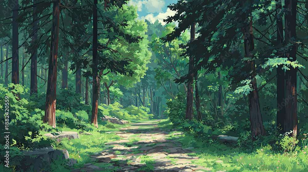 Obraz premium Minimal Anime Forest Background, Trees Empty Space Soft Light Forests backdrop