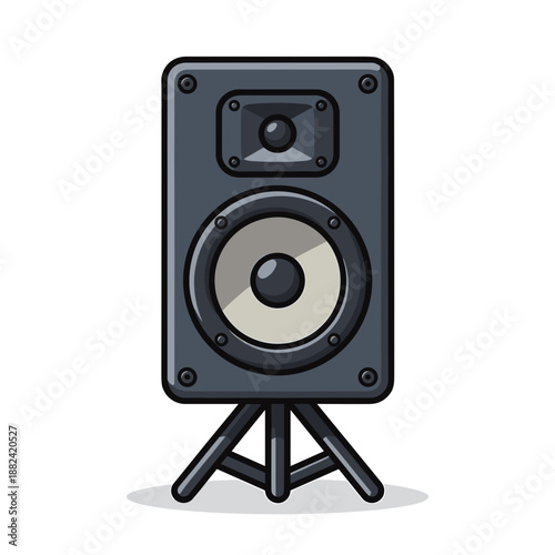 A black audio speaker resting securely on a robust three-legged tripod stand against a clean white background.