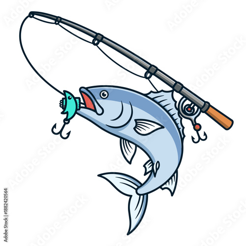 A vibrant cartoon illustration of a large blue fish with an open mouth caught on a fishing lure, hanging from a fishing rod.