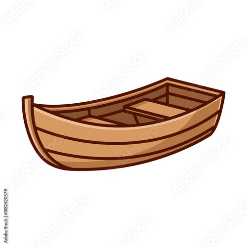 A simple, clean illustration of an empty brown wooden rowboat with oars resting inside, ready for a calm journey on water.
