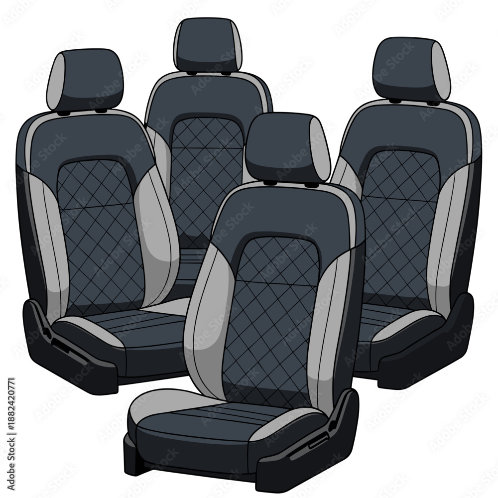 Fototapeta premium A comprehensive set of five stylized car seats, including front and back rows, featuring a consistent, modern quilted design pattern.