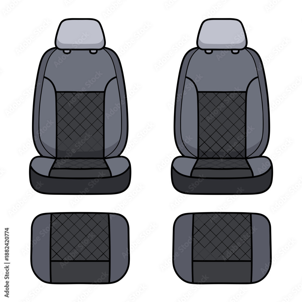 Fototapeta premium Two detailed modern car front seats and two separate rear seat bases, showcasing a sleek quilted pattern design.