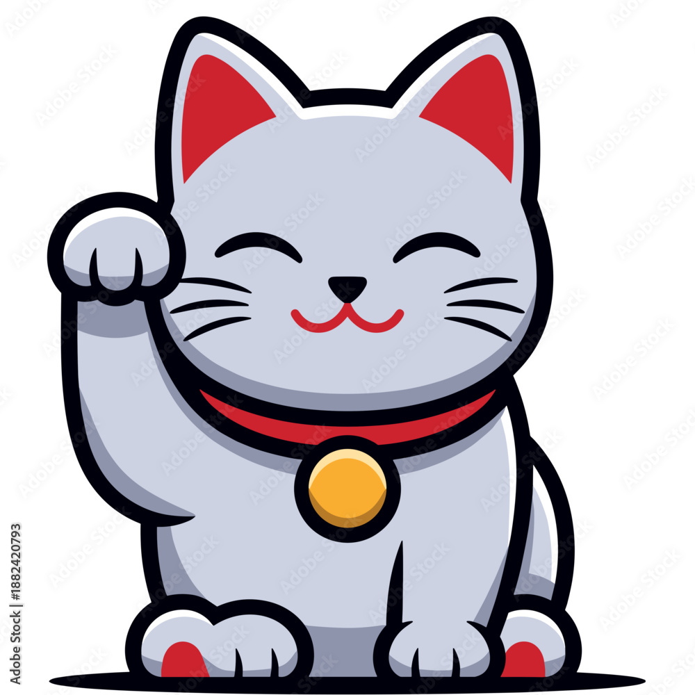 Obraz premium A traditional Maneki-Neko lucky cat with a raised paw, wearing a red collar and gold bell, is depicted smiling brightly, inviting good fortune.