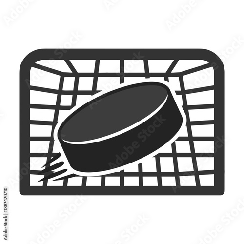 A monochrome icon depicting a hockey puck scoring a goal, perfectly inside the net, symbolizing success in ice hockey.