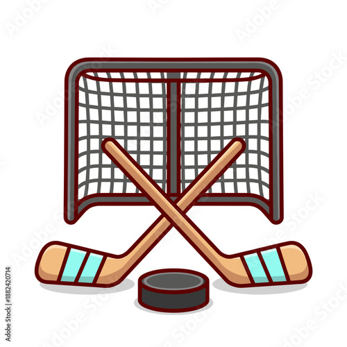 A detailed cartoon illustration featuring a hockey net, two crossed hockey sticks, and a puck, symbolizing the sport of ice hockey.