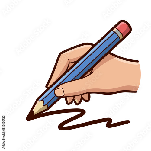 A stylized illustration of a human hand firmly gripping a blue pencil, actively drawing a wavy line or scribble on a surface.