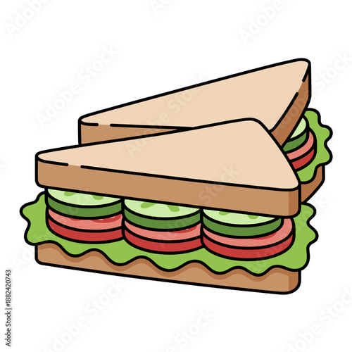 Two triangular halves of a freshly made sandwich, filled with crisp lettuce, red tomatoes, and cool cucumber slices.