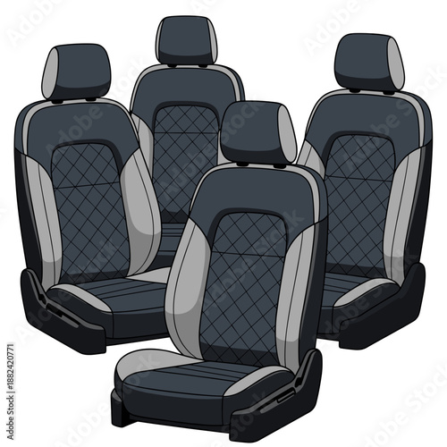 A comprehensive set of five stylized car seats, including front and back rows, featuring a consistent, modern quilted design pattern.