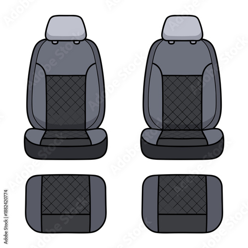 Two detailed modern car front seats and two separate rear seat bases, showcasing a sleek quilted pattern design.