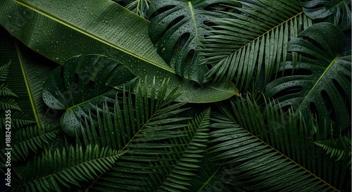 Dark green tropical leaves background with rain water drops. Wet monstera and palm foliage texture. Fresh exotic rainforest jungle nature concept.