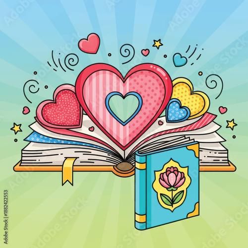 Whimsical cartoon of colorful hearts bursting from open books beside a flowered bookmark and cheerful scene.