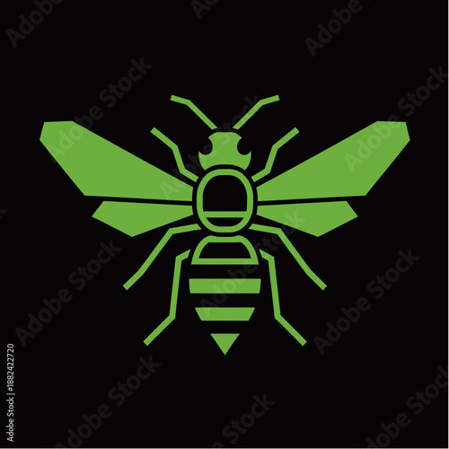 A stylized green wasp icon with intricate geometric details on a black background.