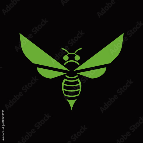 A stylized green bee or wasp insect with large wings on a black background, featuring a minimalist and graphic design.