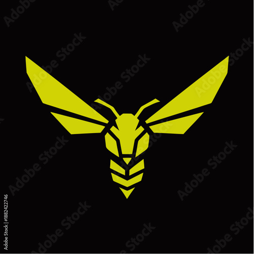 A stylized, geometric yellow wasp emblem is displayed prominently against a stark black background, creating a bold and modern graphic.