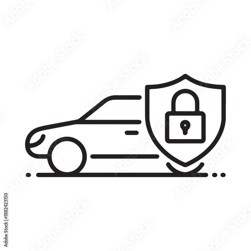 a simple outline icon depicting a car protected by a shield with a padlock symbol for security