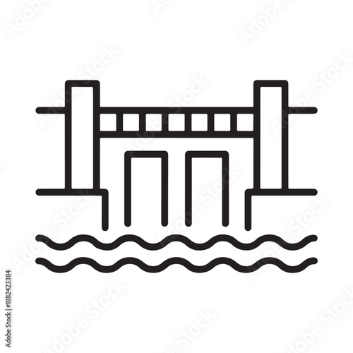 a simple black and white line drawing depicting a bridge spanning across a wavy water surface landscape