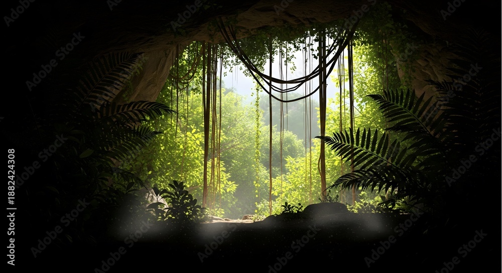 Fototapeta premium View from inside dark rocky cave looking out to lush green tropical rainforest jungle. Nature frame background with hanging vines and sunlight beam.