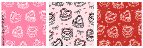 Collection of Hand drawn Valentines Love Sweet vector illustration seamless pattern with heart cakes and romantic elements